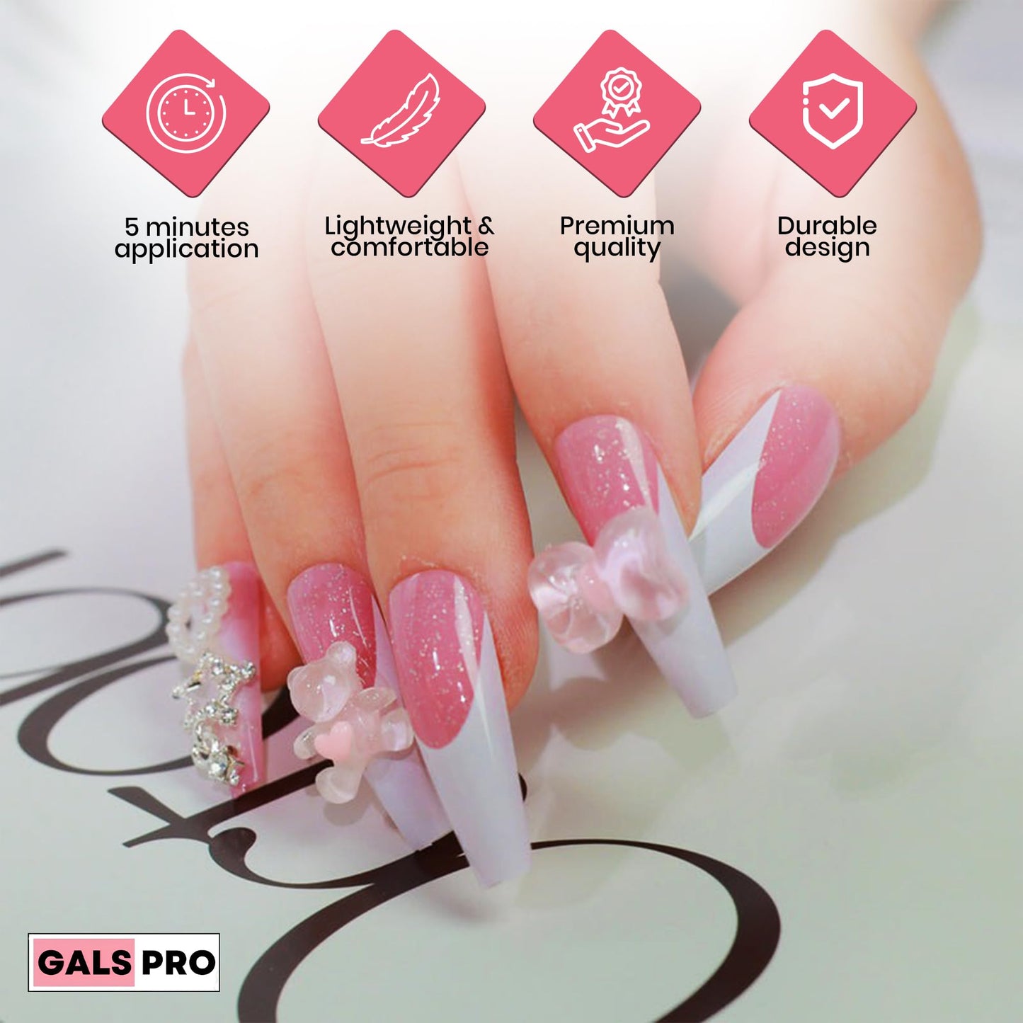 GALSPRO Long Press on Nails - Set of 24 Fake Nails with Designs in 12 Different Sizes for Perfect Fit, Cute False Nails Kit for Women with 0.07oz Nail Glue, A Double Sided Nail File & Cuticle Stick