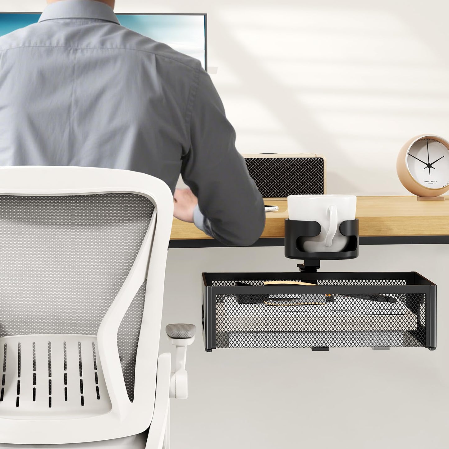 CABTE Desk Cup Holder with Drawer Organizer, Anti-Spill Clip-On Table Cup Hook with 360° Rotation Hidden Storage Box for Office Home Gaming Table (Black)