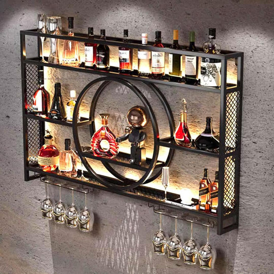 GWLQRTXV X3 55in Wine Rack with LED Lighting Wall Mounted Glass Holder, 3-Tiers Liquor Bottles Shelves Display Storage Organizer Hanging Long Stemware Goblet Metal for Home Mini Bar Cellar Black