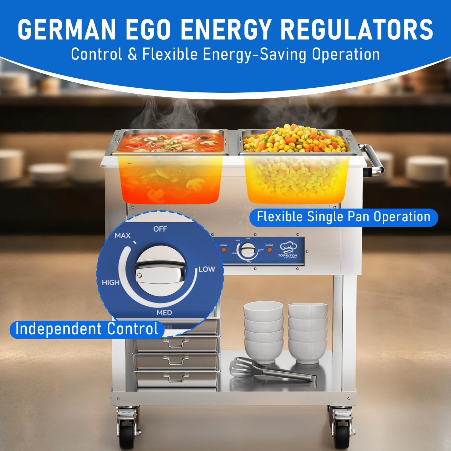TOPKITCH 2-Pan Commercial Food Warmer, Electric Steam Table with Independent Temperature Control, 120V 1000W Stainless Steel Buffet Catering Food Warmer with Undershelf and Workspace, for Restaurant.