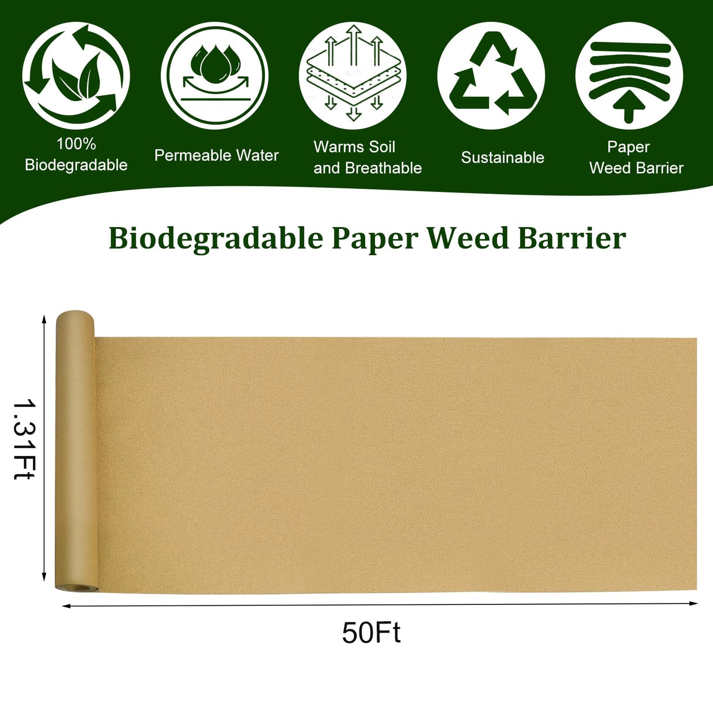 1.31x50 Ft Biodegradable Paper Weed Barrier Roll Heavy Duty Garden Paper Weed Control Biodegradable Landscape Fabric Thickened Garden Bed Grass Paper Mulch Film Weed Block Paper for Garden Lawn