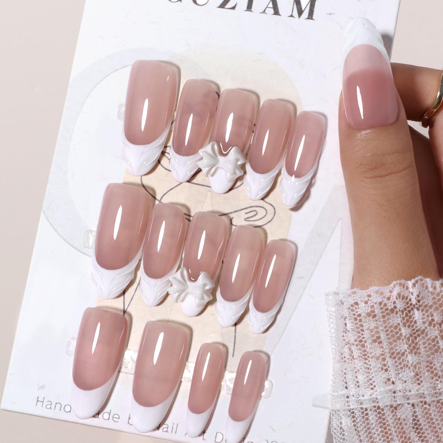 CUZIAM Press on Nails White French Tip Medium Almond Handmade, 5D Charms Cute Bow Design Glossy Nude Pink Fake Nails Stick on Nail XL, Full Cover Reusable False Acrylic Nail Manicure for Women-14pcs,L