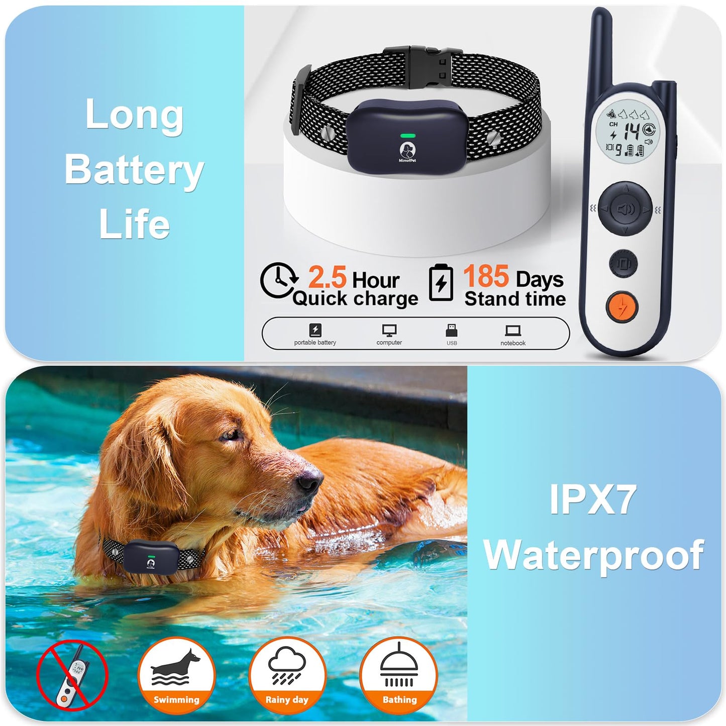 MIMOFPET Wireless Dog Fence for 2 Dogs - 25FT to 3500FT Electric Fence,185 Days Standby Time Training Collar,Pet Containment System with 3 Training Mode,Flash Light and Waterproof