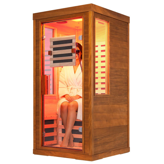 mikibama Infrared Sauna for Home, 1 Person Home Sauna with Red Light Therapy, Wooden Dry Saunas Room with 7 Carbon Heaters, 1170 W/115V, LCD Control Pannel for Home Spa
