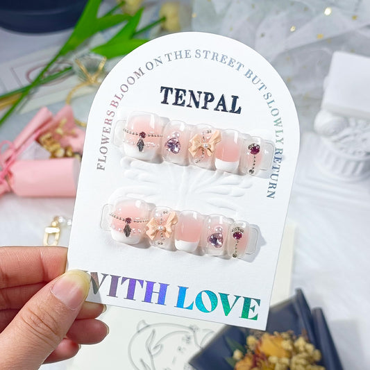 TENPAL French Tip Press on Nails Extra Short Acrylic Fake Nails With Beads Pearls Bow Charms 10pcs/Box Cute Natural Pink Nails Press ons For Women Girls Reusable Artificial Nails for Daily Wear(S)