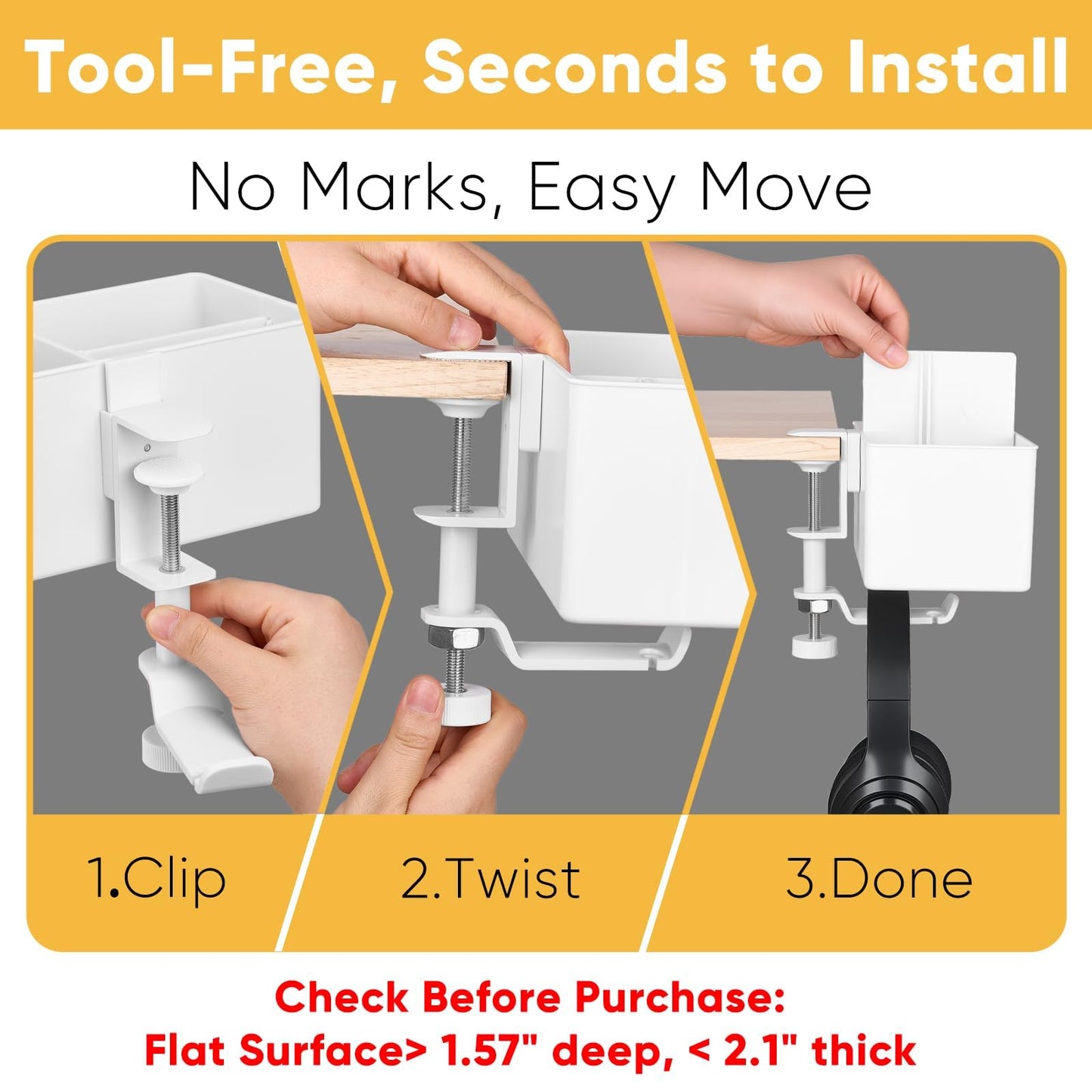 4-in-1 Clip On Desk Cup Holder, Fits up to 40oz cups - Mountable Holder with Adjustable Divider & 360° Rotating Hook - No Spill Clamp On Drink Holder Attachment - for Desk Chair Table Bed Tray - White