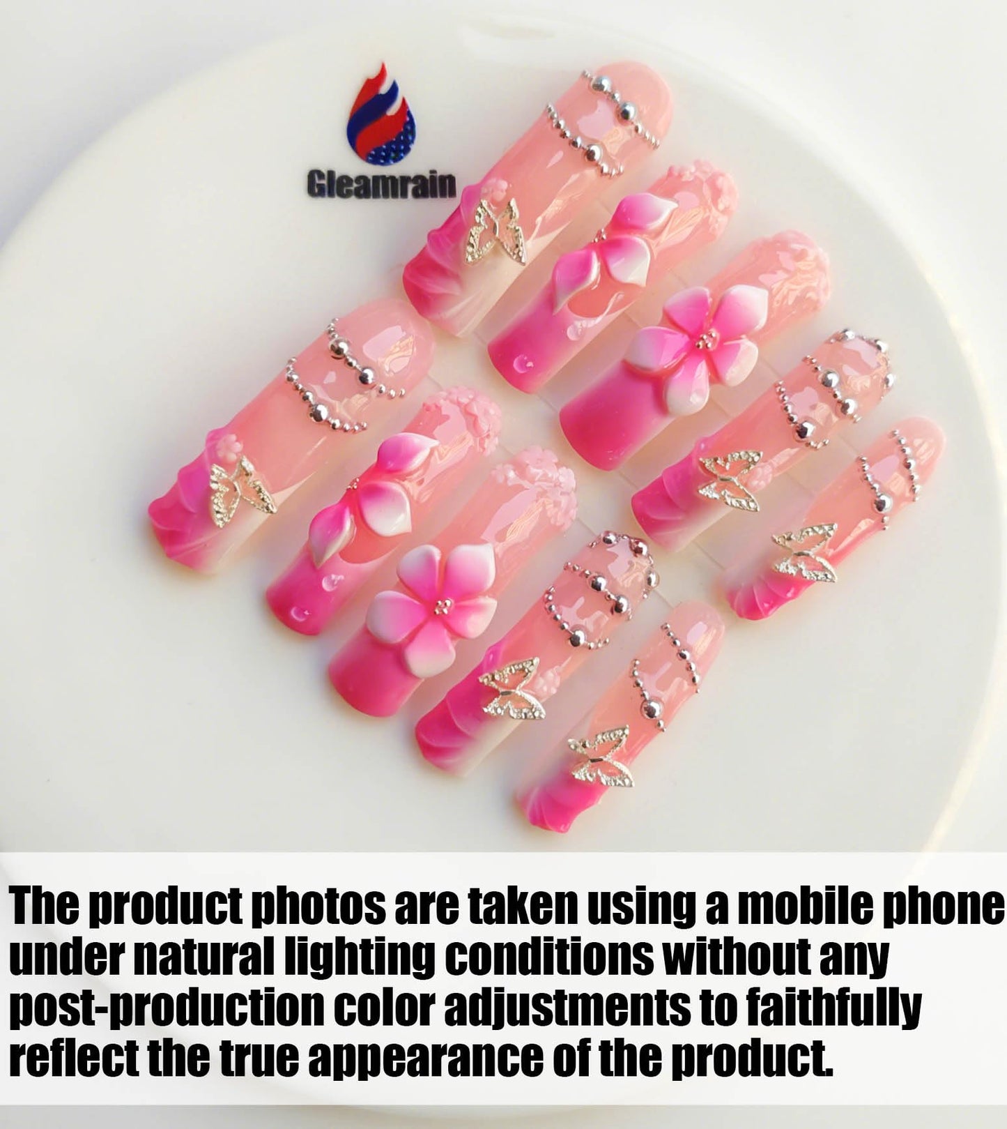 Gleamrain Pink Handmade Curve Press on Nails Long Square Shape M Size with Flower and French Tips Design for Women,Use for Prom and Party or Vacation Holiday 10pcs Pattern 03