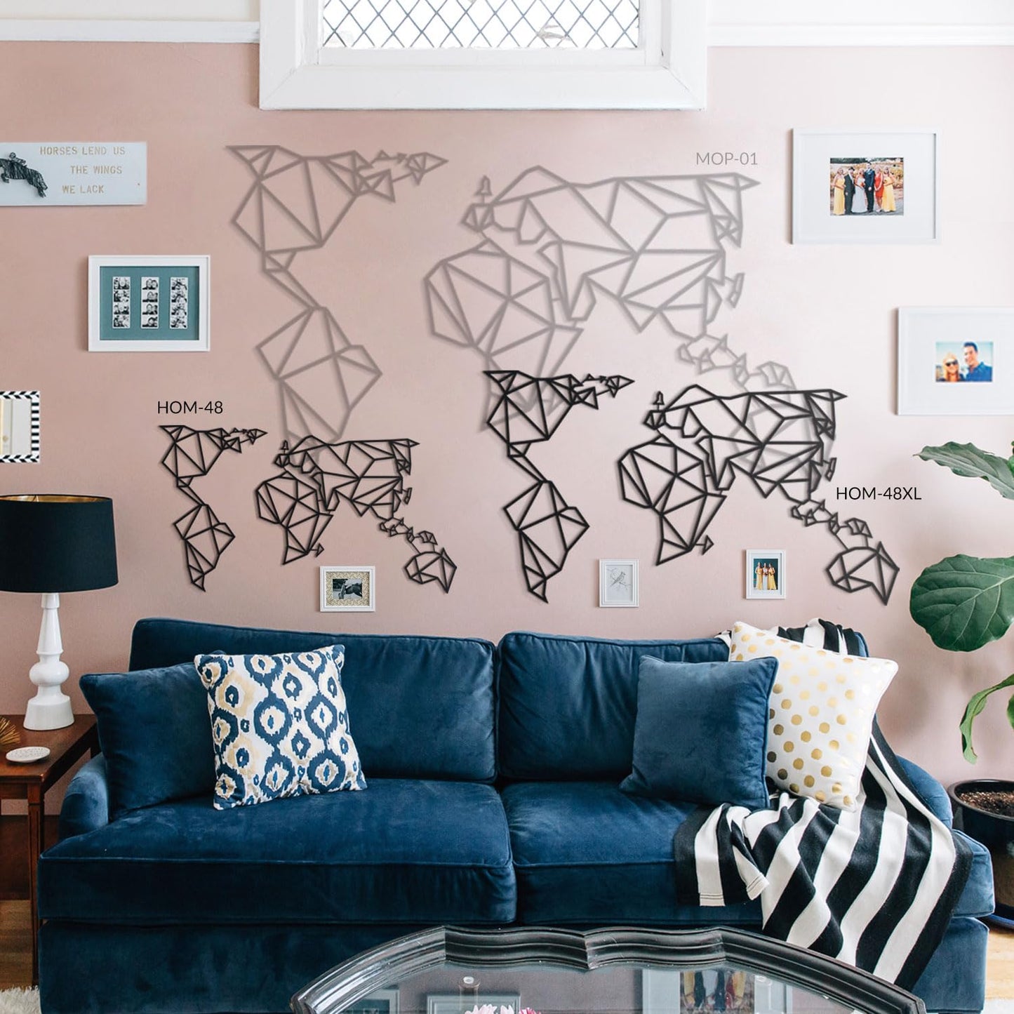 BONPERLA Geometric World Map Metal Wall Art - Modern Abstract Global Map Decor for Home Office Living Room Adventure Lovers - Black Metal Sign (30.3" × 54.3")