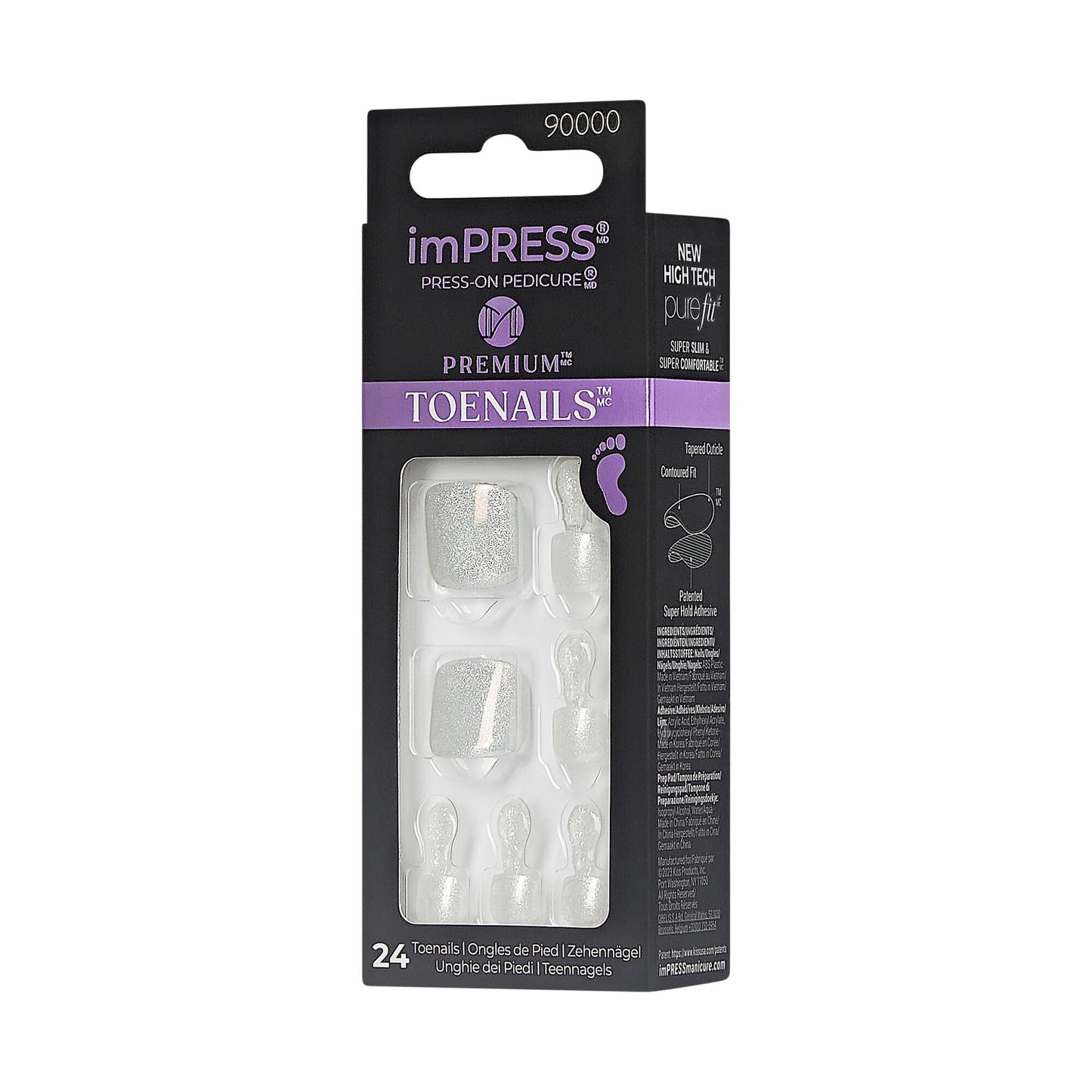 KISS Impress Premium No Glue Pedi Press-On Toenails, Sparkling White Silver, Silver Glitter, Squoval Shape, Includes 24 Nails, Prep Pad, 1 Manicure Stick, 1 Mini File