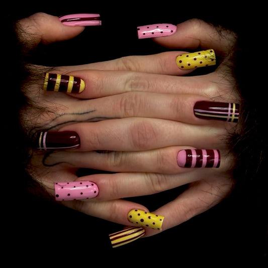 Long Press on Nails Square Fake Nails Pink Acrylic Nail Press Ons Seeneey Striped Design Brown Stick on Nail for Women 24pcs