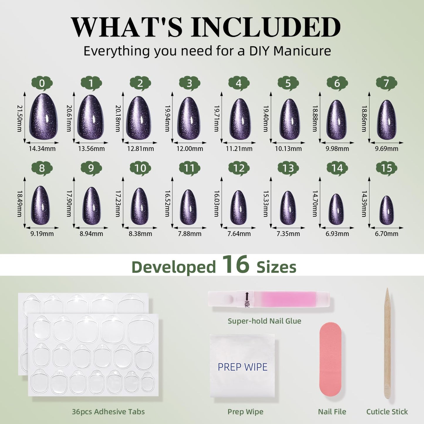 Purple Cat Eye Press On Nails Almond - Purple Short Almond Fake Nails, Short Cateye Press On Nails Reusable Stick On Nails in 16 Sizes, 32pcs False Nail Kit for Women & Girls(Violet Nocturne)