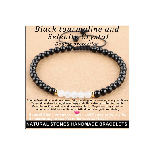 AD Beads 4mm Black tourmaline + Selenite Crystal - Double protection - Handmade Natural Stone Crystal Bracelet with Adjustable Macrame String - Yoga Healing Power Energy Gifts for Men and Women