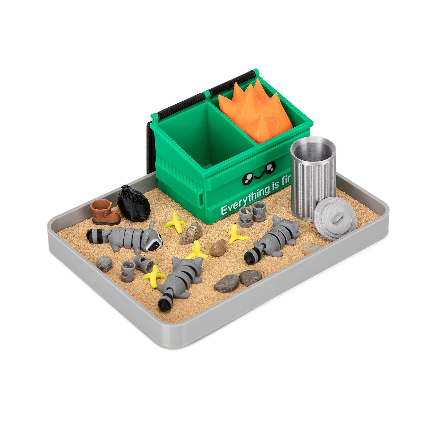 Stylor Dumpster Fire Zen Garden Desk Decor - 3D Print Plastic Miniature Sandbox with Raccoon & Flames, Humorous Office Stress Relief Gift, Includes Stones, Sand & Accessories