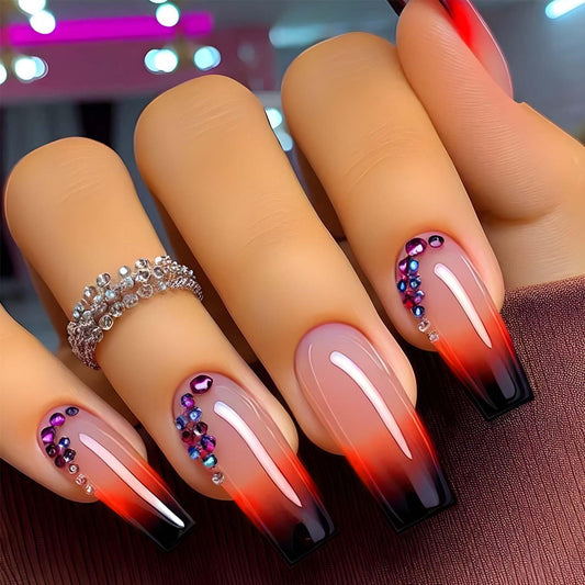 Coffin Press On Nails Medium Fake Nails Gradient With Rhinestone Design Black Ombre False Nails Full Cover Artificial Acrylic Glossy Glue On Nail Stick On Nail For Women Manicure 24pcs