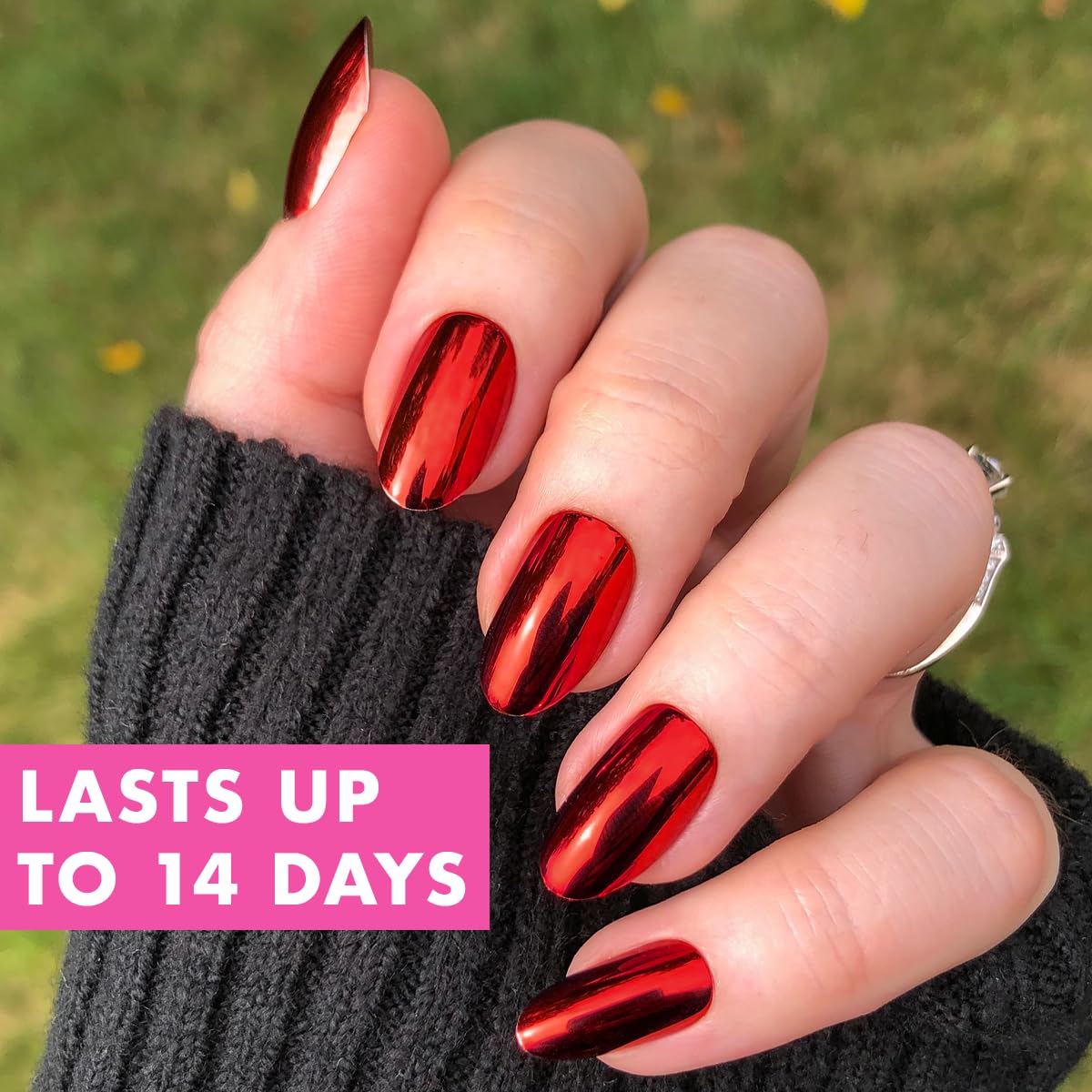 Olive & June Instant Mani Press-On Nails | Glue | Medium Oval | 42 Pieces, 21 Sizes | Non-Toxic, Long-Lasting Recycled Materials Realistic Look | Salon-Quality at Home | Halloween Vampire Chrome