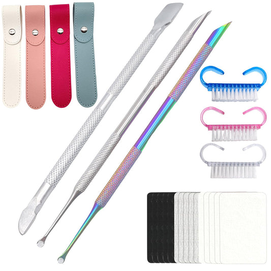 TNJPSEK 25 Pack Cuticle Pusher Kit, Dual-Ended Stainless Steel Nail Tool with Adhesive Nail Files for Manicure Pedicure, Salon-Quality Grooming for Home & Beauty Techs (With 4 Bags & 3 Brushes)
