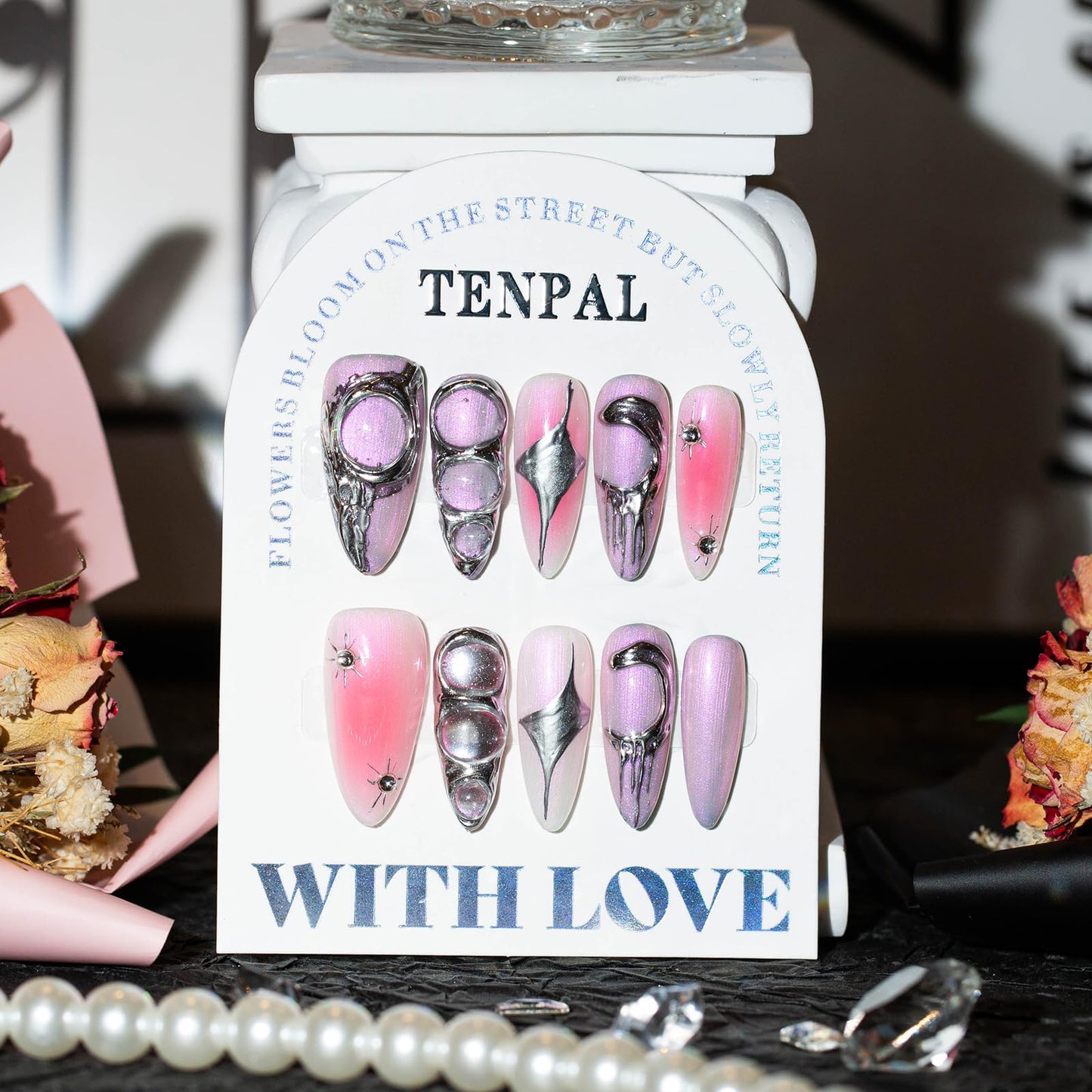 TENPAL Metallic Press on Nails Long Stiletto,Sweet Cool Soft Gel With Aurora Designs,10Pcs/Box Acrylic Handmade Pink Purple y2k False Nails Press Ons For Women Gift(XS)