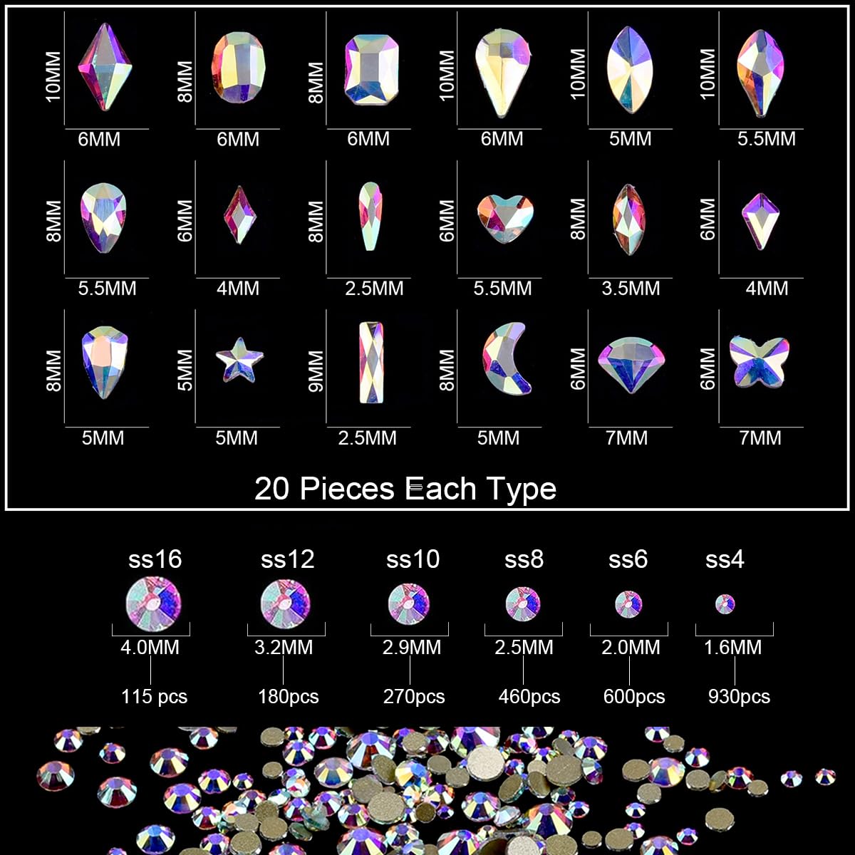 TEEKME Nail Rhinestones Kit 24-Grid, 2800PCS Crystal AB Flatback Glass Gems, 18 Shapes 6 Sizes Round Diamonds for Gel Acrylic Nails, Salon DIY Manicure Supplies with Storage Case, Tweezers, Wax Pen