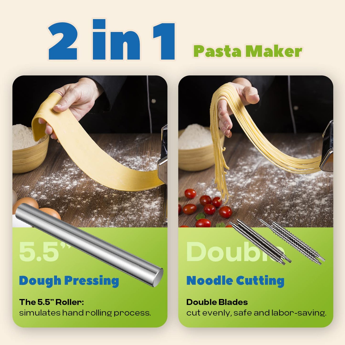 Luzrise Electric Pasta Maker Automatic Noodle Machine Fresh Pasta Dough Roller Stainless Steel(2 Blades for 2.5mm Round&4mm Flat Noodle,9 Thickness Settings 0.5mm-5mm,Family Use, Output 10LBS/H,135W)