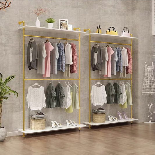 FURVOKIA Modern Simple 2 Tier Industrial Pipe and Wood Garment Rack,Wall Mounted Double Hanging Rods Clothing Rack,Retail Display Storage Clothes Hanging Shelves (One Shelves,Gold, 47.2"L)