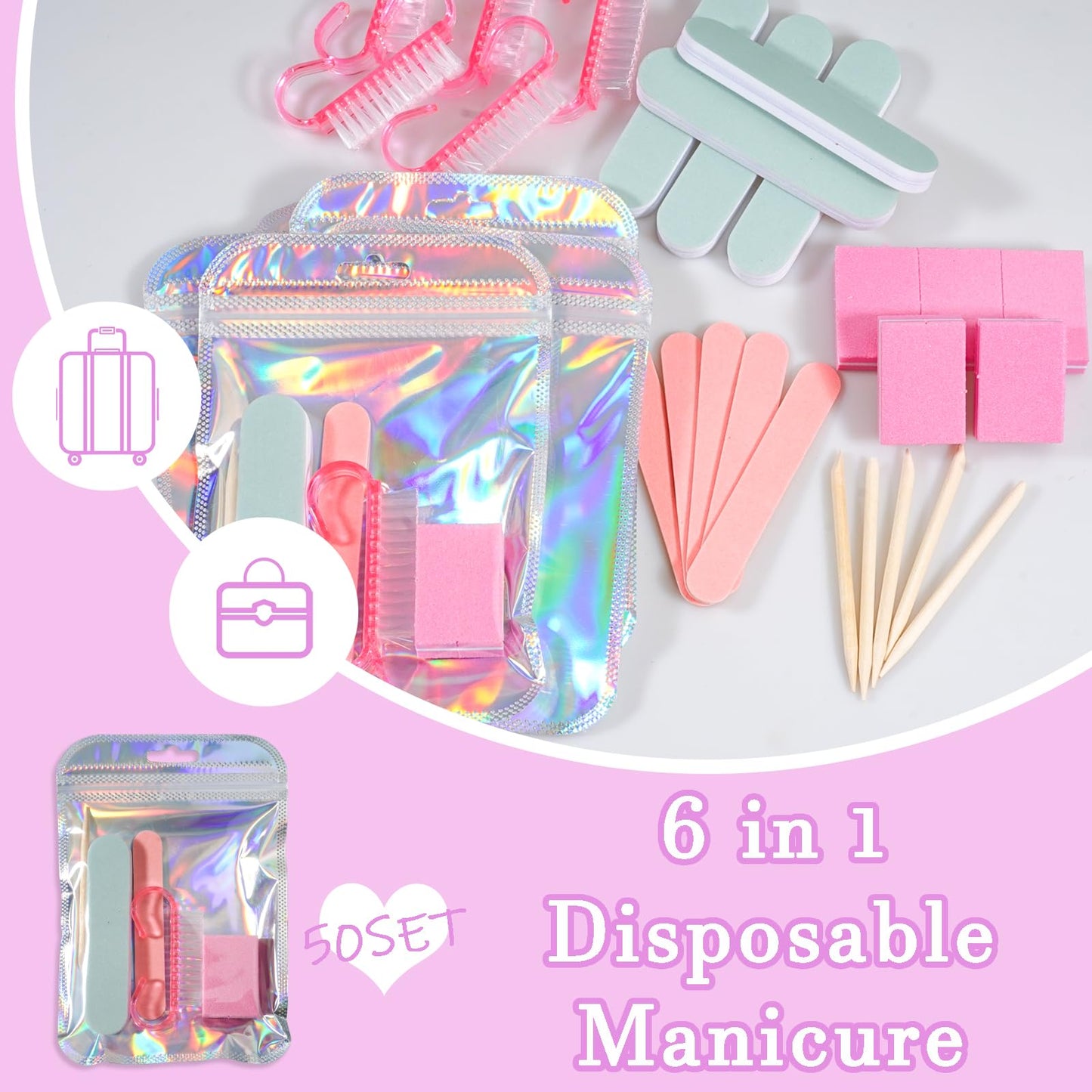 Disposable Manicure Kit Professional, 50 Set Press On Nail Tool Kit with Nail File, Nail Buffer, Nail Buffer Block, Nail Handle Brush, Wood Stick, Packaging Bag (Pink-50pcs)