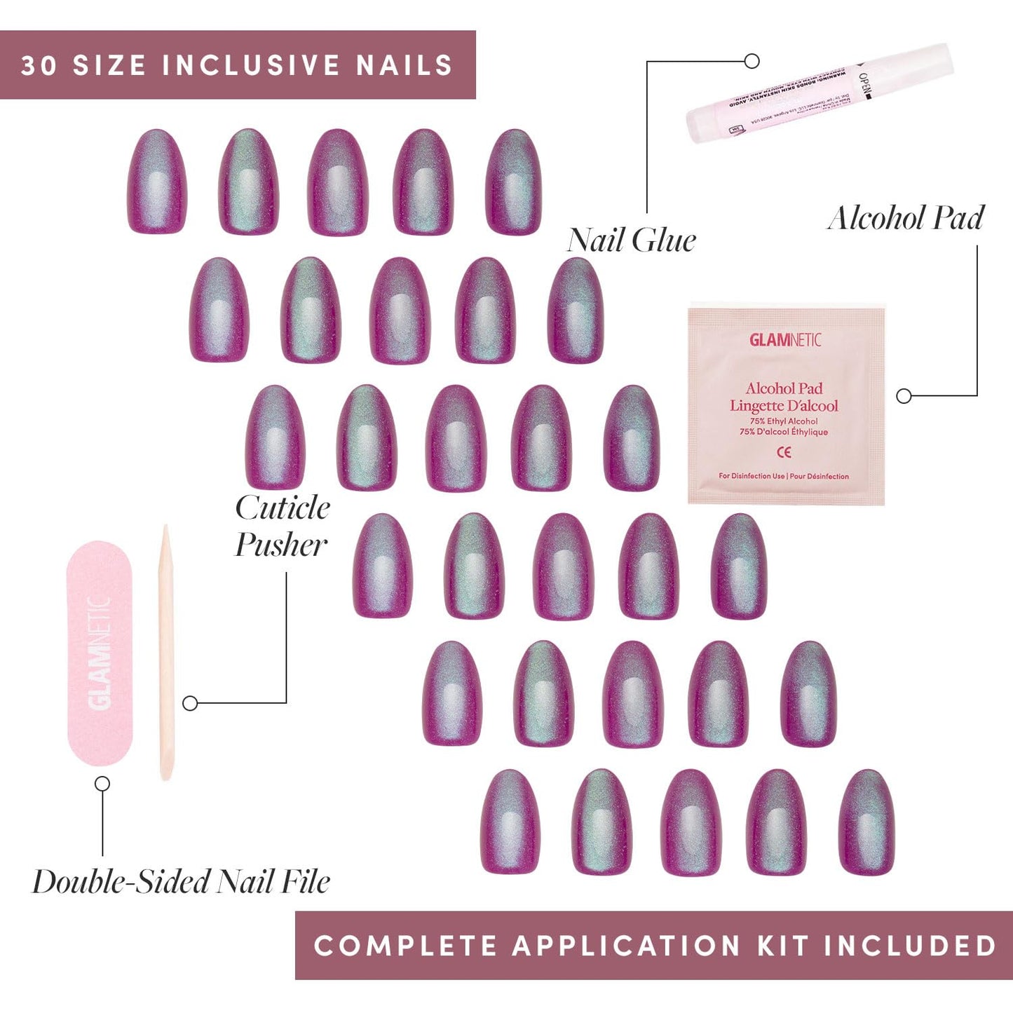 Glamnetic Press-On Nails Bundle - Pink Comet, Berry Fizz & Goal Digger | Pale Pink Short Almond Fake Nails with 3D Gems | Short Oval Magenta Nails with a Metallic Finish | Glossy, Semi-Transparent, Sh