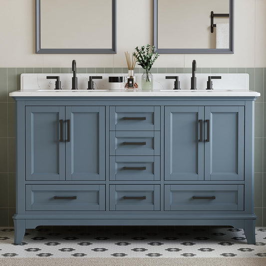 DELUXE LIVING 60 Inch Bathroom Vanity Double Sink, Fully Assembled Solid Wood Frame Double Sink Bathroom Vanity with Soft Closing Doors & Full Extension Dovetail Drawers, Quartz Top, Steel Blue
