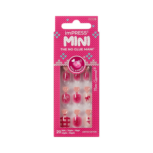 KISS imPRESS MINI Holiday Press On Nails for Kids, ‘Hahaha Ugh’, Pink, Child Size, Squoval Shaped, Mess-Free, Mom Approved, Non-Toxic, Breakaway Application Tabs, Nail File, 20 Fake Nails