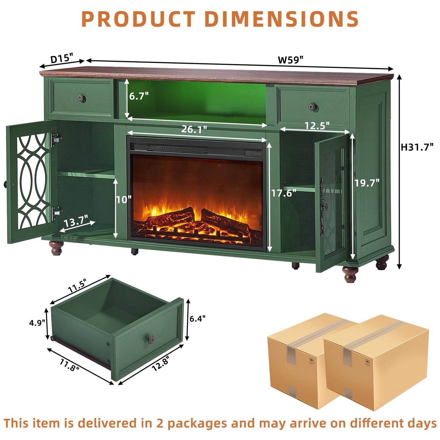 Joaxswe Farmhouse Fireplace TV Stand, 59" Entertainment Center with Electric Fireplace & LED Lights for TVs up to 65'', Glass Door Fire Place TV Stands for Living Room, Media Console w/Drawers,Green