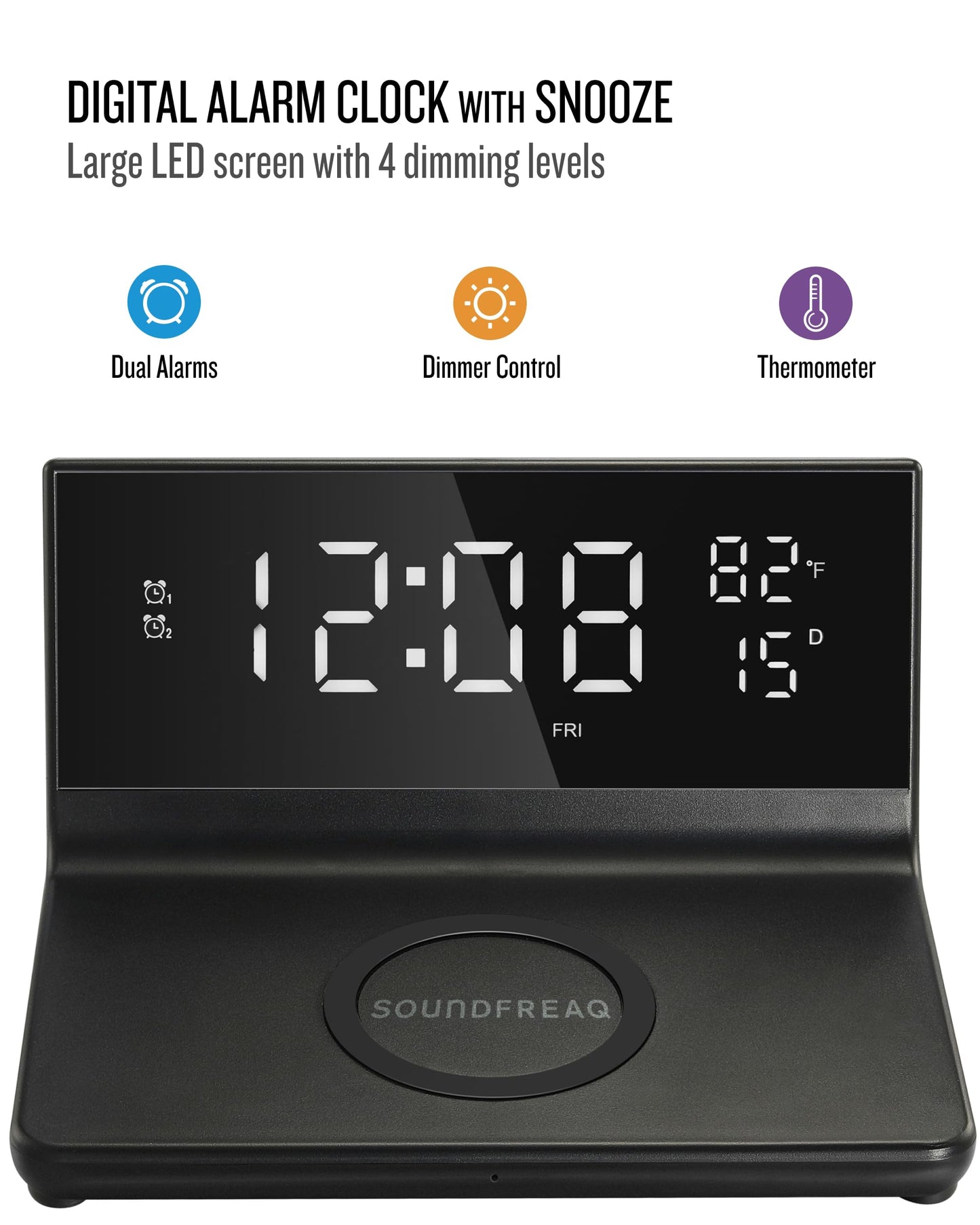 Soundfreaq Charge Rise II, SFQ-20: Digital Alarm Clock, with Dual Alarms, Fast USB Charger and Wireless Charger (Black)