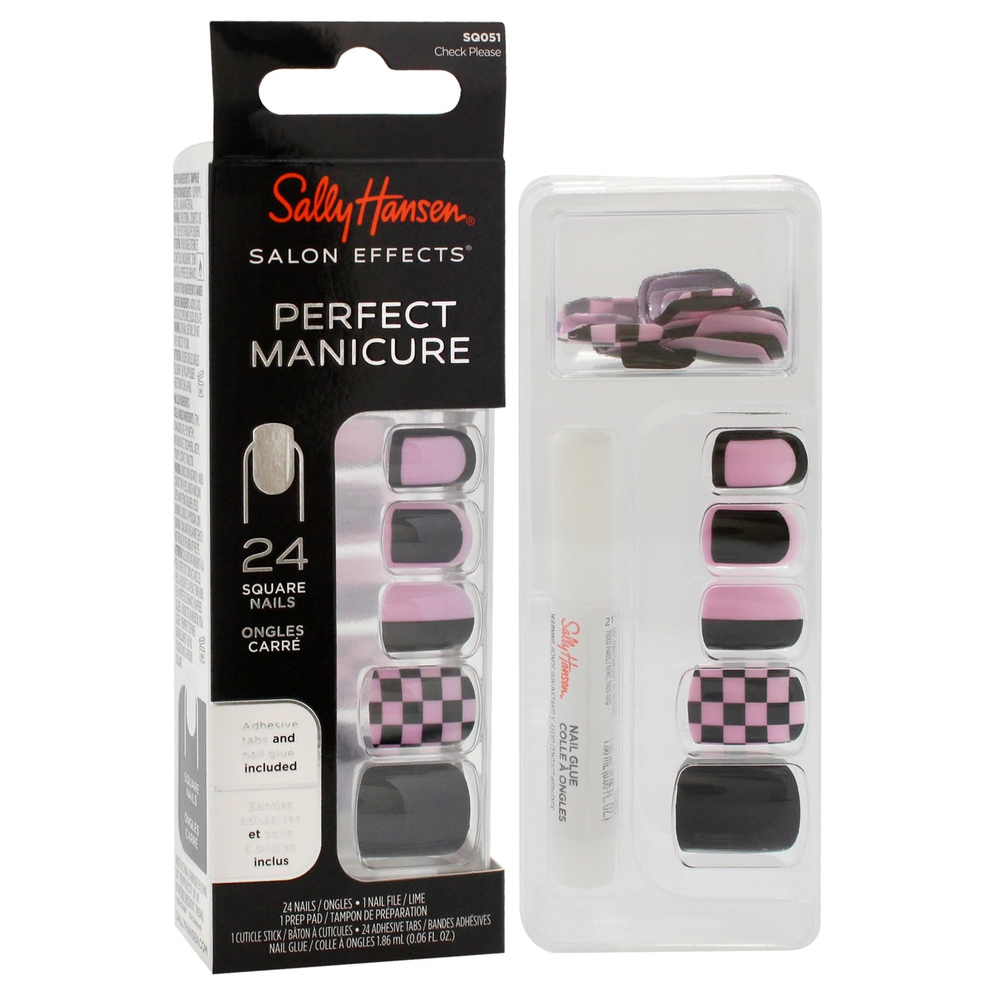 Sally Hansen Salon Effects® Perfect Manicure, Check Please, Press On Nails, Square Shaped, Non-Damaging Adhesive Tabs, File, and Alcohol Pad Included (Pack of 2)
