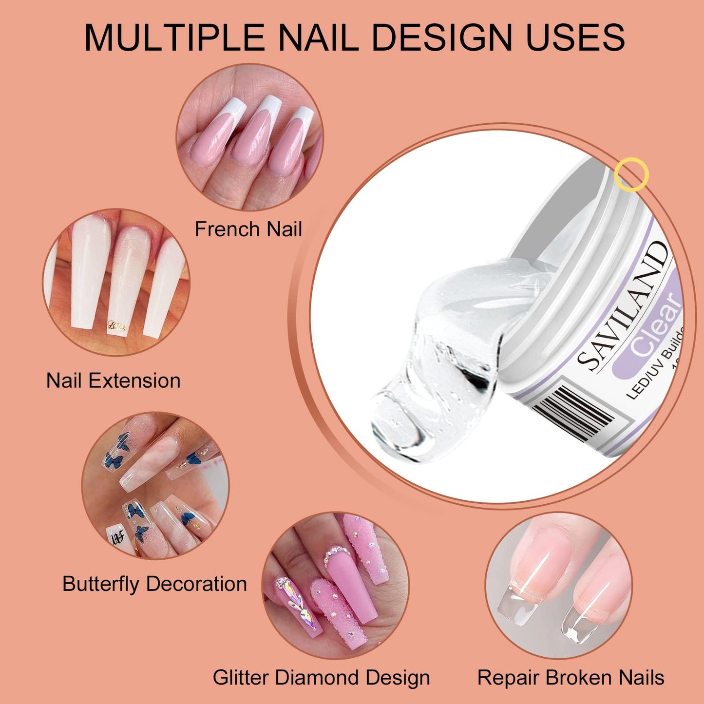 SAVILAND Builder Nail Gel Kit: 4 Color U V Hard Gels Clear White Pink Nudes for Nail Extension Strengthening Sculpting and Building with 100 Nail Forms Brush Pen Base & Top Gels for Nail Art Home DIY