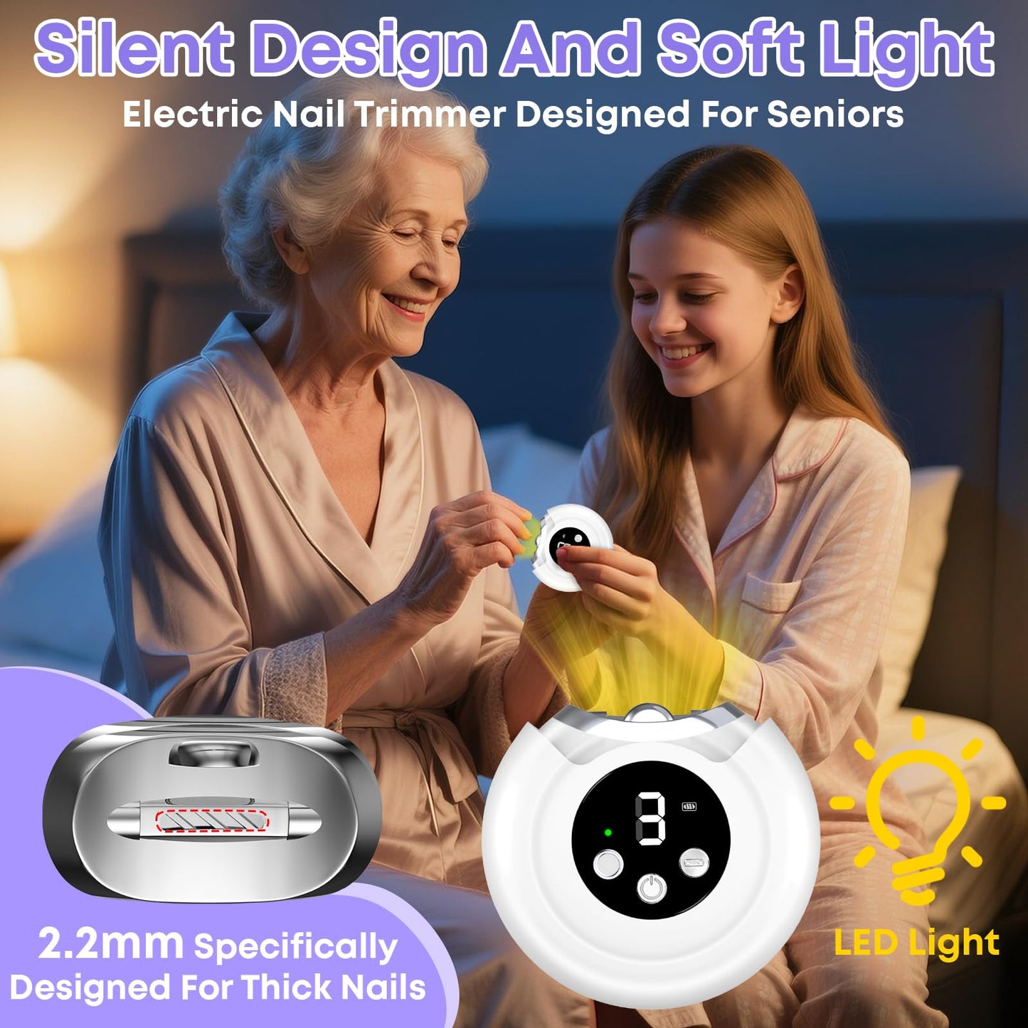 Automatic Nail Clippers for Seniors, 3-in-1 Electric Nail Clipper & Trimmer with LED Light Rechargeable Battery Fingernail Clipper for Adults Fingernail Grinder Electric Polishing for Women & Men