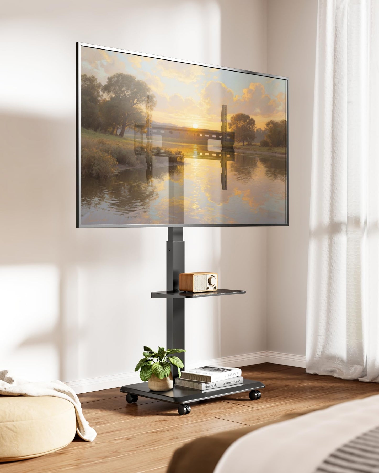 ECOTINY Steel Base Rolling TV Stand for 32-75 inch TVs up to 110 lbs, Leveling & Tilt & Swivel Mobile TV Stand with Hidden Wire Management, Height Adjustable Portable Tv Stand with Steel Shelf, Black