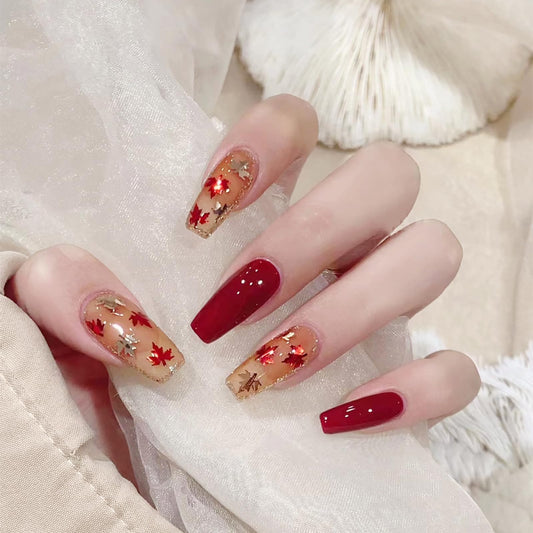 RTKHFZE Fall Press on Nails Medium Length Red False Nails Shiny Sequins with Maple Leaves Glitter Designs Acrylic Nails 24Pcs Autumn Full Cover Fake Nails Stick on Nail for Women and Girls