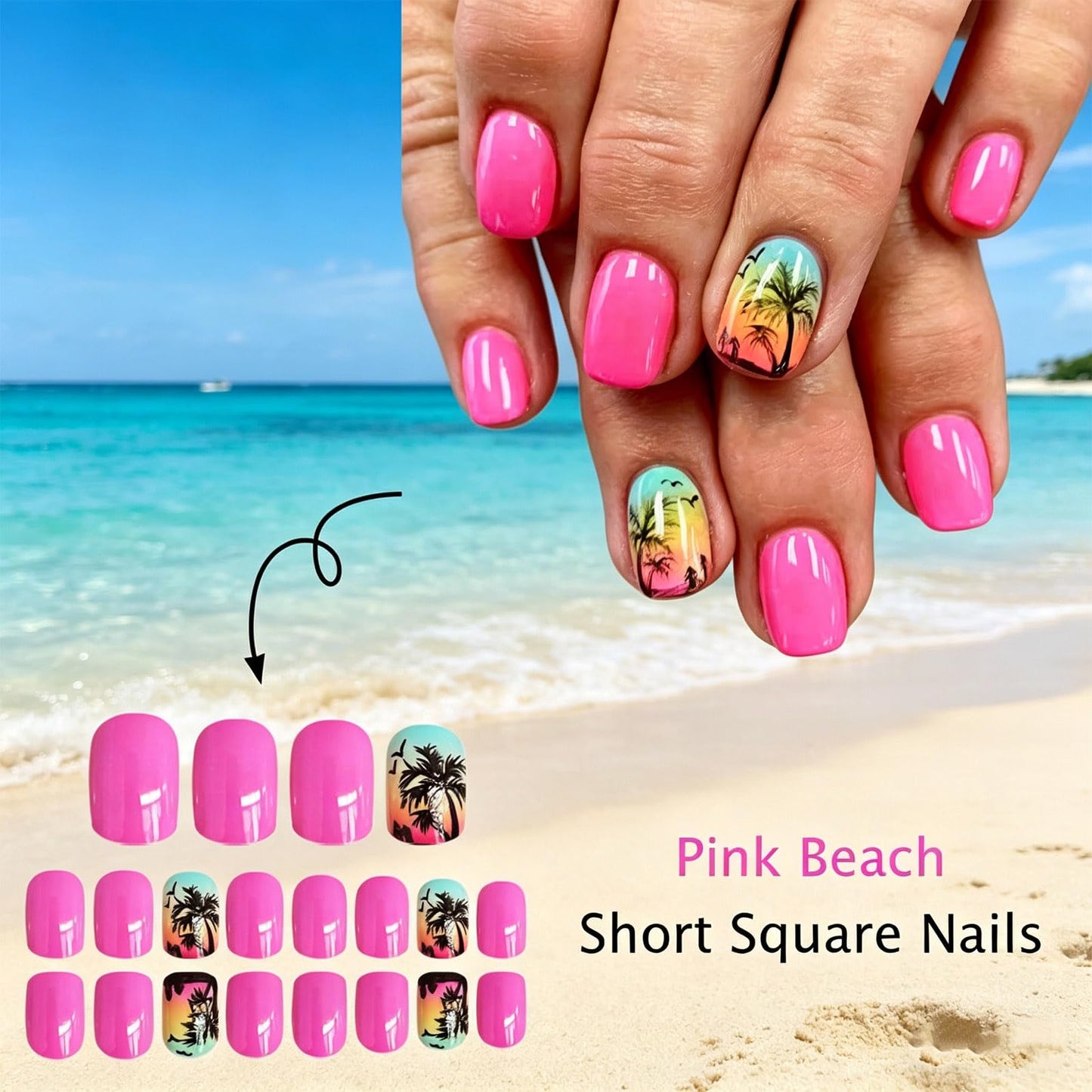 Ocean Press on Nails with Tropical Sunset Design Glossy Pink Ombre Fake Nail Palm Tree Short Square False Nails Summer Stick on Nail Beach Glue on Artificial Fingernails for Women Daily Wear