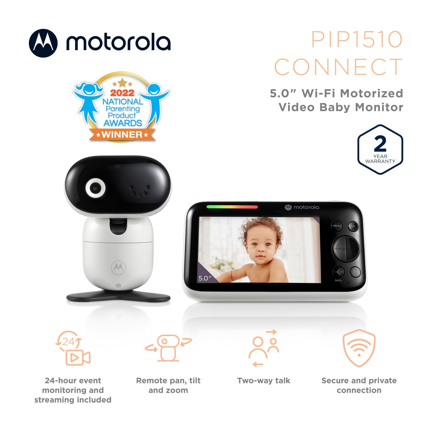 Motorola Nursery PIP1510 Connect Baby Monitor Camera, 5", WiFi, Wall Mount, HD 1080p, 1000ft Range, 2-Way Audio, Pan/Tilt/Zoom, Room Temp, Lullabies