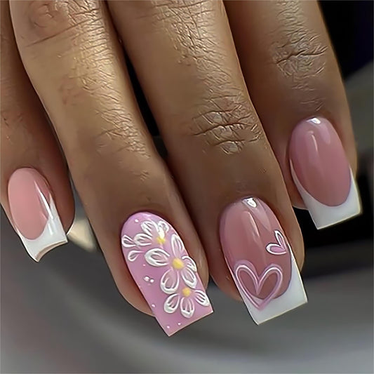 White French Tip Press on Nails Medium Square Fake Nails Stars False Nails with Flower Design Glue on Nail Pink Acrylic Nails Full Cover Stick on Nail for Women 24Pcs