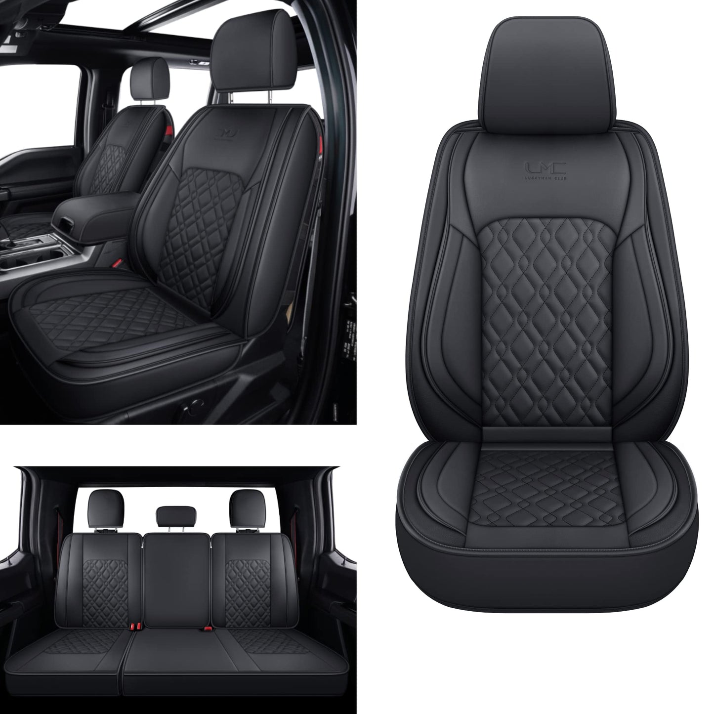 LUCKYMAN CLUB F150 Full-Set Seat Covers J03-Q3 with Waterproof Faux Leather, Fit 2015-2025 Ford F150 and 2017-2025 F250 F350 F450 (Full Set, Black)