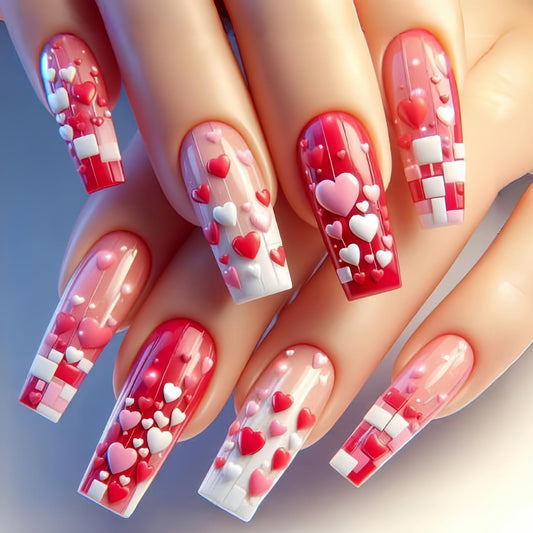 Valentine's Press on Nails Long Length Valentine's Acrylic Nails 3D Pink Red Love Heart Design Full Cover Glue on Nails Glossy False Nails Valentines Stick on Nails for Women Holiday Nails