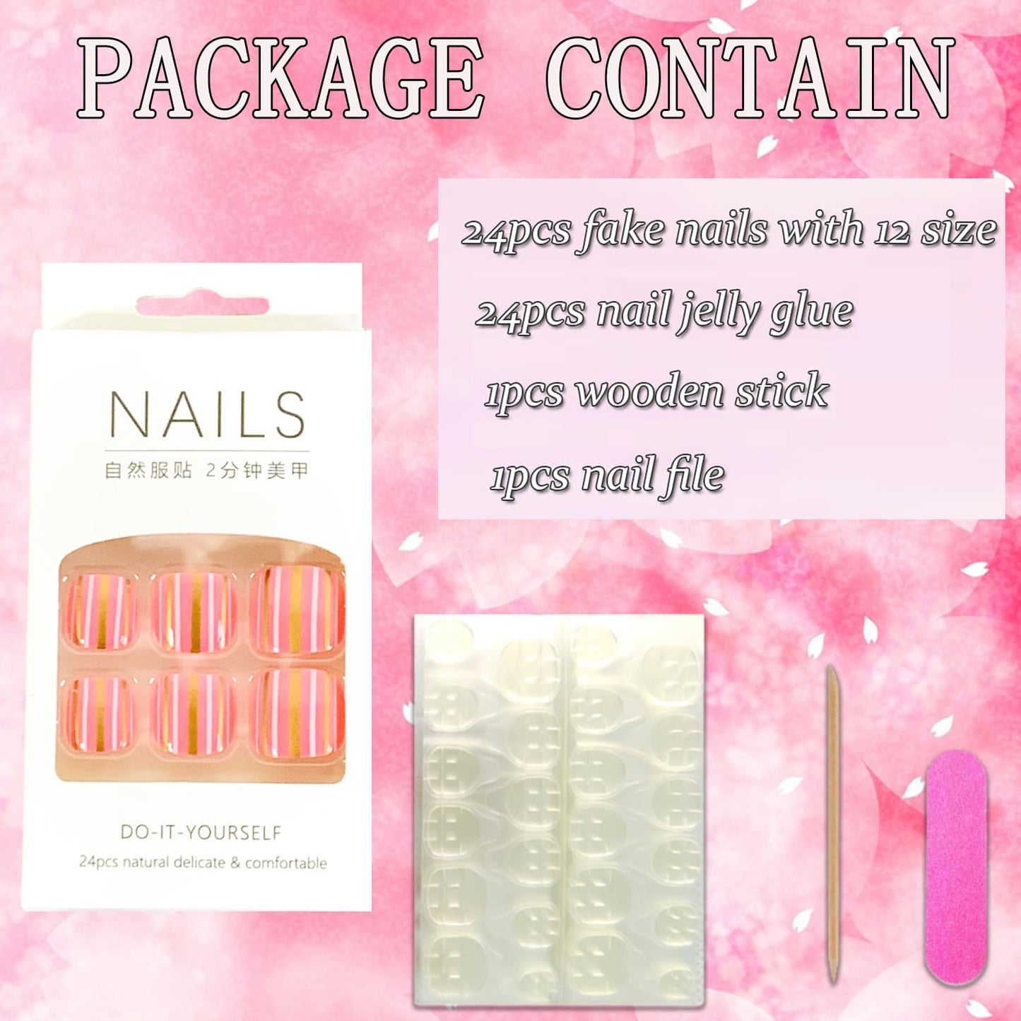 Vezocim Press on Toenails with Gold White Line Designs, 24Pcs Pink Artificial Short Fake Toenails, Glossy Full Cover Acrylic False Nails for Toe, Glue Toenails with Charm for Women
