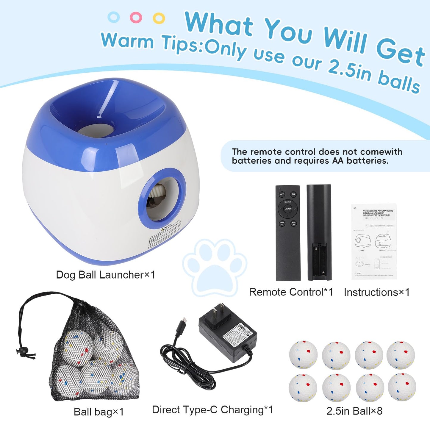 OLenyer Ball Launcher for Dogs: 3 Adjustable Distance 40-80FT,with 8 2.5" ETPU Balls,Remote Control Interactive Dog Toy,Automatic Ball Throwing Machine for Medium/Large Dogs