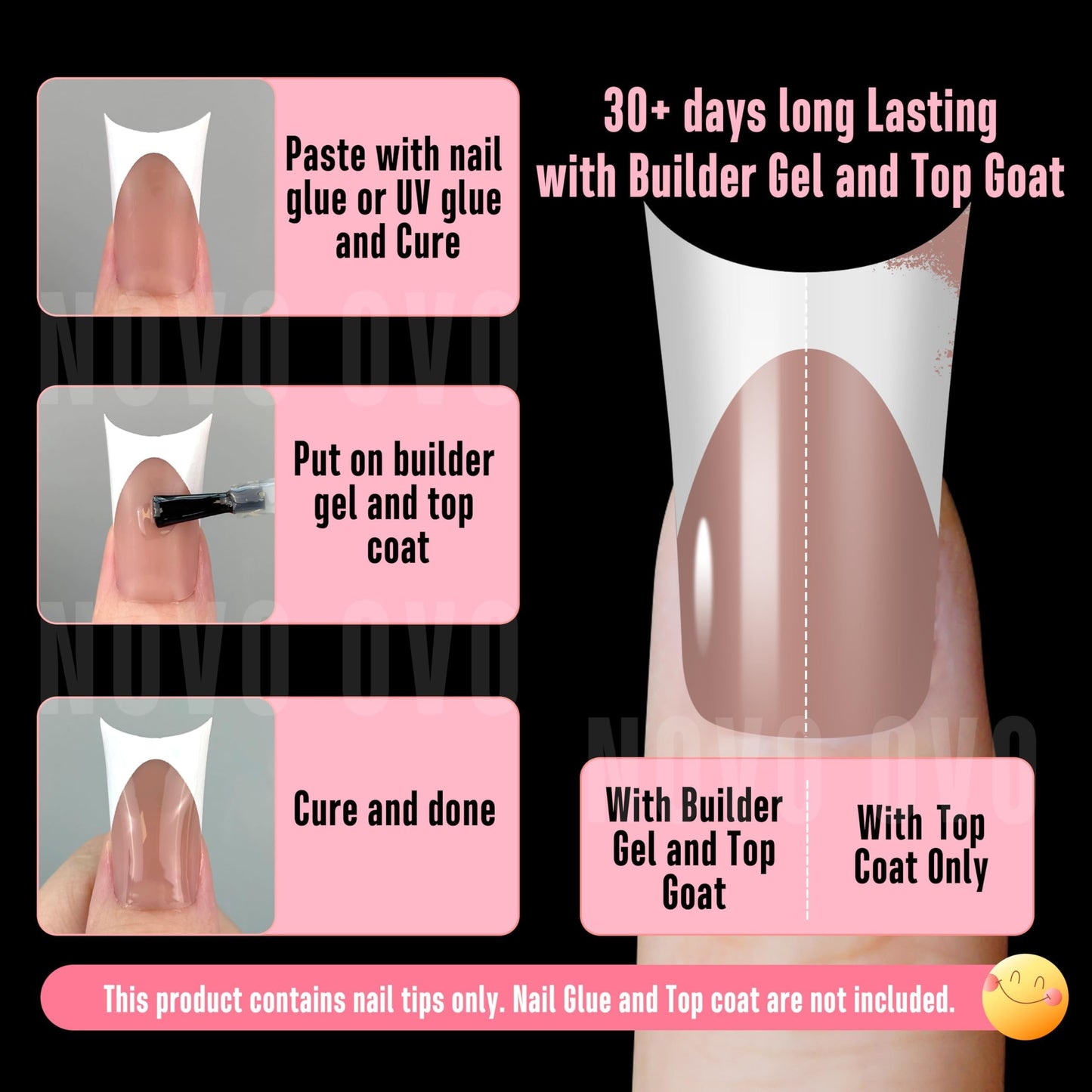NOVO OVO Halloween Duck Nail White French Tips Press On BROWN PINK with Moon Curve, Medium Extra Thick Full Cover Acrylic,Pre-Etched Wide Soft Gel False Nail Extension for Salon DIY x 15 Sizes 150 pcs