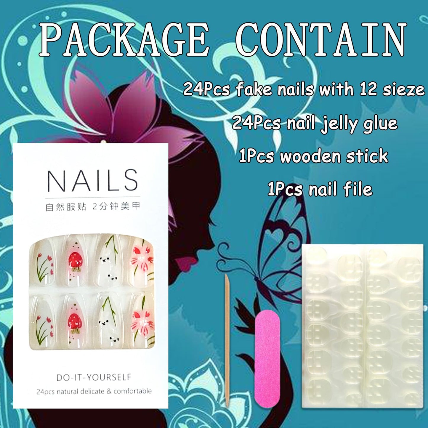 EYZOTSF Press on Almond Nails Medium Length Glossy Full Cover Acrylic Almond Shaped False Nails with Designs Artificial Fake Nail with Charms Glue Stick ons Fingernails for Women Girls(Z1094)