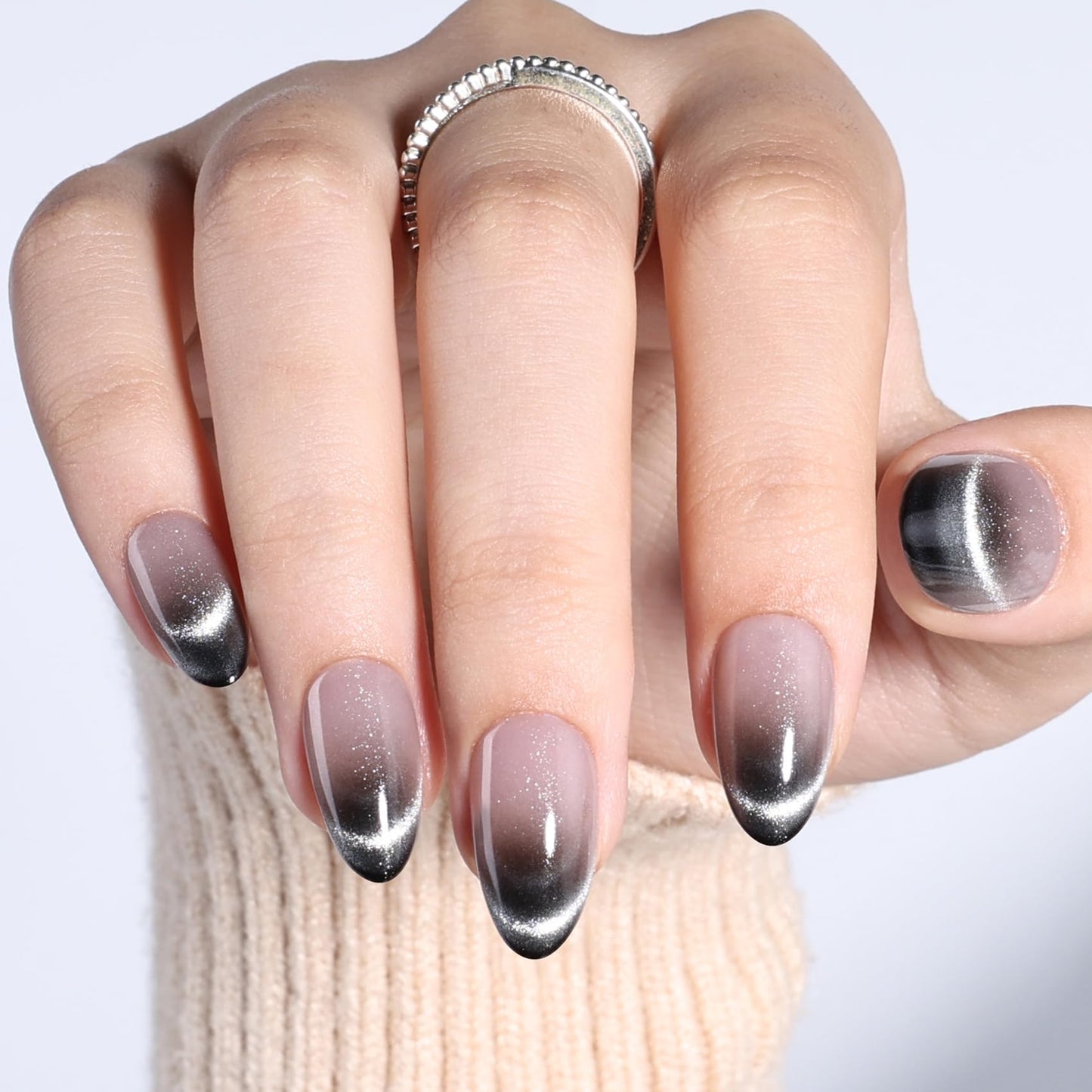 SEEWEE Ombre Black Cat Eye Press On Nails Almond - Short Almond Fake Nails with Nail Glue, Ombre Black Cateye Press On Nails Reusable Stick On Nails in 16 Sizes 32 Nail Kit for Women | Salon Quality