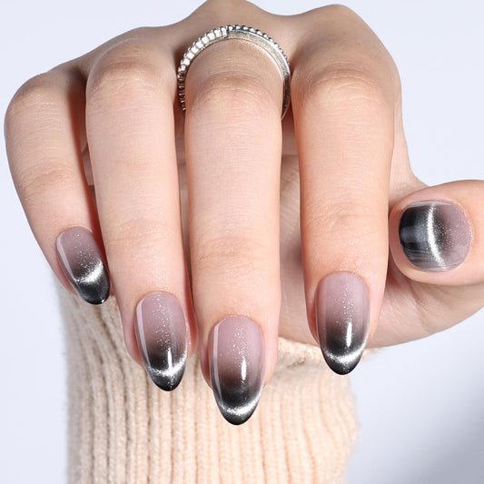 SEEWEE Ombre Black Cat Eye Press On Nails Almond - Short Almond Fake Nails with Nail Glue, Ombre Black Cateye Press On Nails Reusable Stick On Nails in 16 Sizes 32 Nail Kit for Women | Salon Quality
