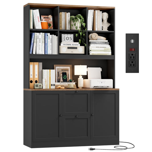 HIFIT 72'' Tall File Bookcase with Power Outlet & Printer Stand, 2 Drawer Filing Cabinets for Home Office Fit Hanging A4 File, Storage Cabinet w/ 3 Tier Open Book Shelf & Doors for Living Room, Black