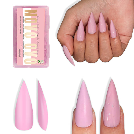 NOVO OVO Medium Long Stiletto Nail Tips (Pink) - Pure Color Sharp Pointed Soft Gel Fake Nails, Pre-Colored Full Cover Press Ons for Acrylic Extension, 16 Sizes (224 Pcs)