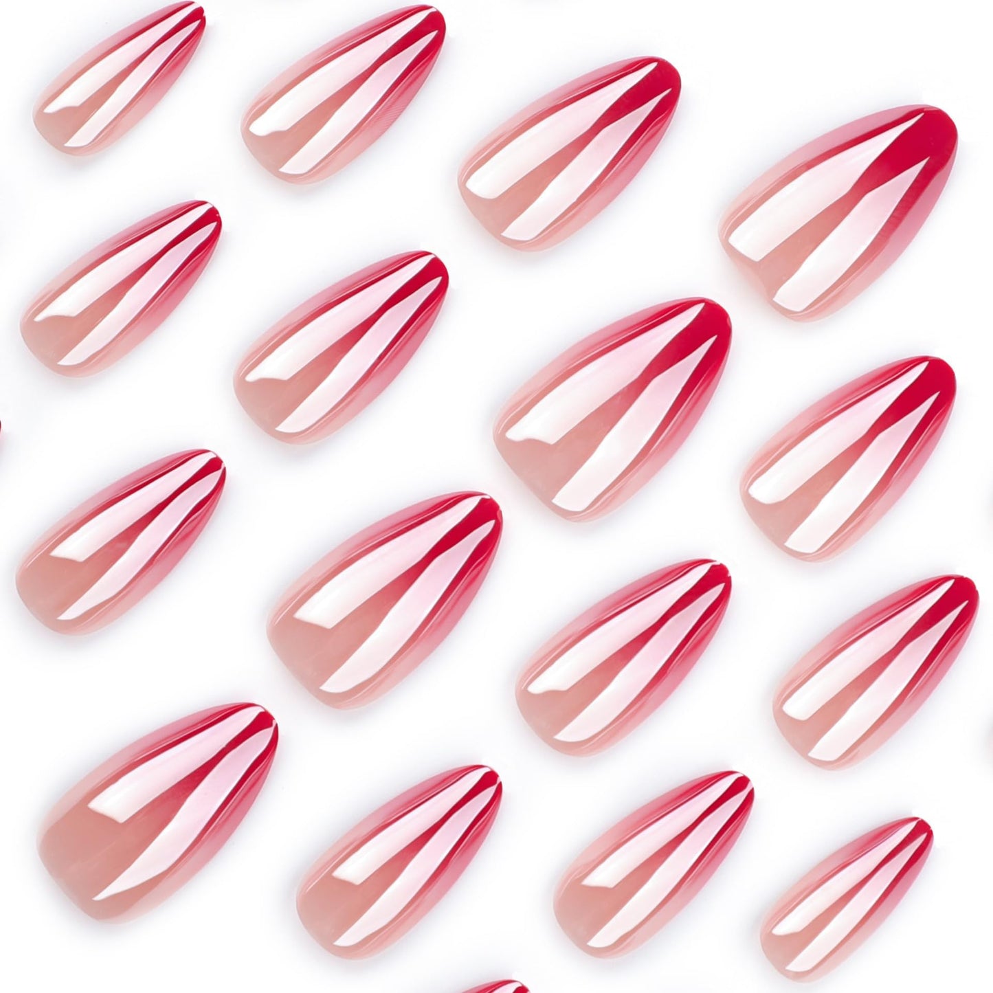 Ombre Red Press On Nails Almond Stiletto - KQueenest Chrome French Press On Nails Medium, Sparkle Gradient Fake Nails Press on, Glazed Cute French Glue on Nails Medium, Stick On Nails for Women
