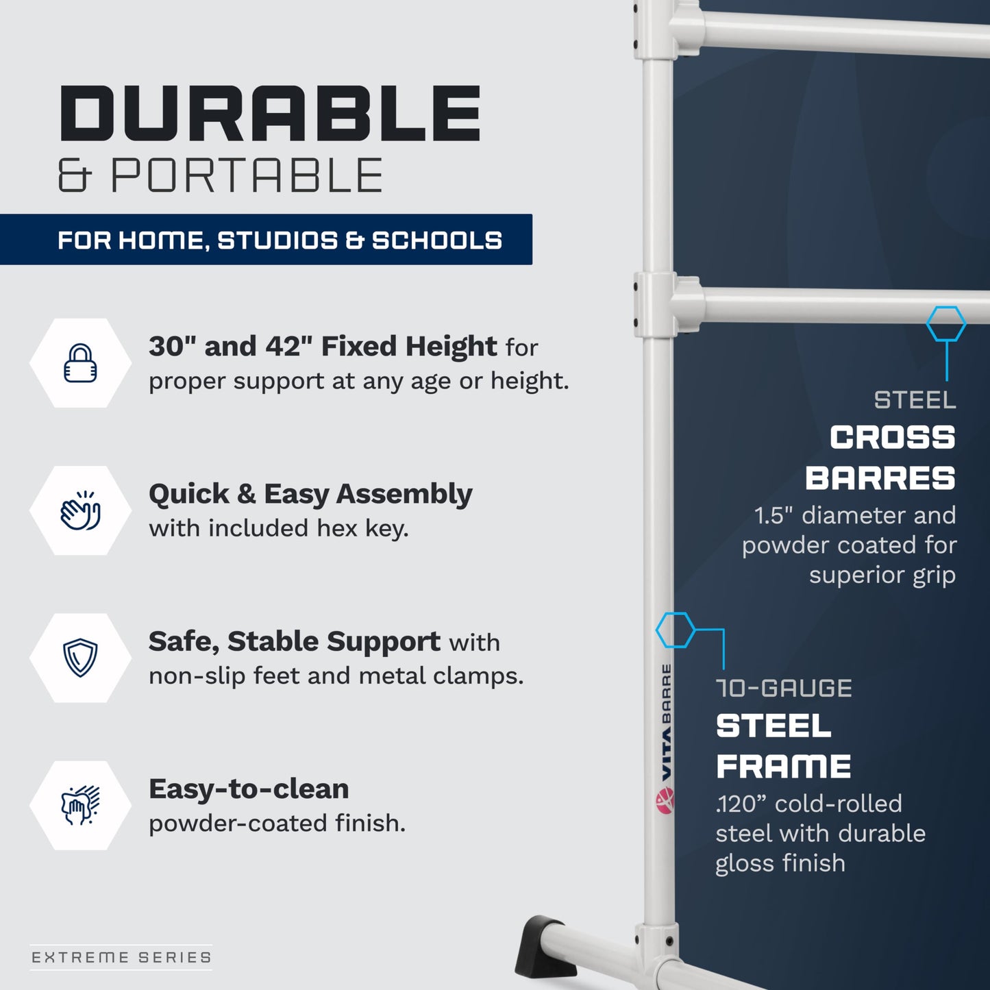 VITA Barre Portable Freestanding Double Ballet Barre, Extreme, 14 Ft Bars, Satin Silver, Steel | Fixed Height, Made in USA, Home or Gym Exercise Equipment for Kids & Adults | Dance, Fitness, Pilates